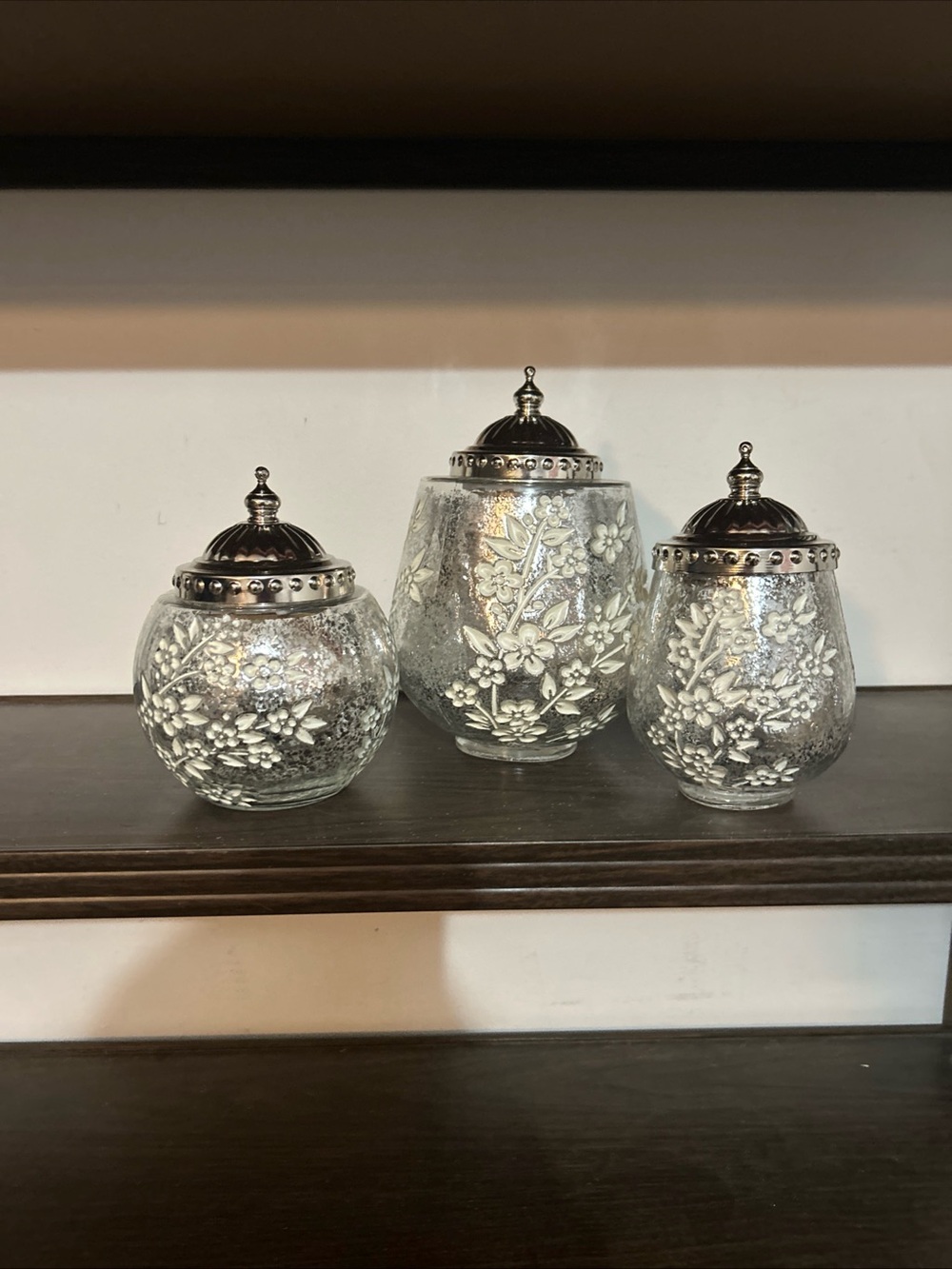 Set of 3 Light Up Silver Floral Mercury Glass Canister with Metal Lid by Valerie